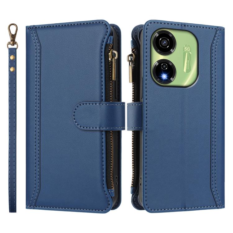 For itel P55 5G Magnetic Closure 9 Card Slots Zipper Leather Case with Hand Strap