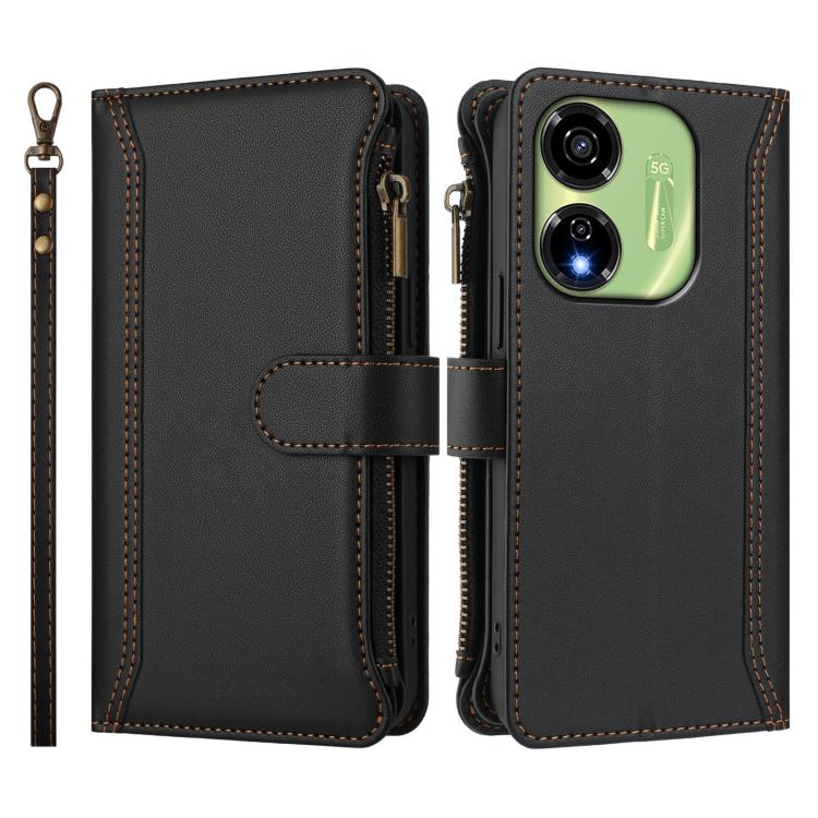 For itel P55 5G Magnetic Closure 9 Card Slots Zipper Leather Case with Hand Strap
