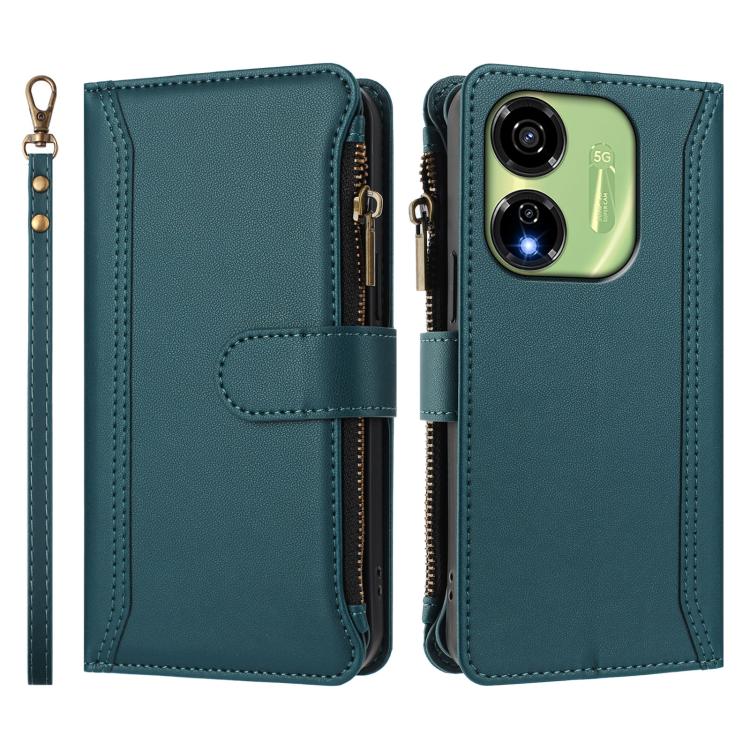 For itel P55 5G Magnetic Closure 9 Card Slots Zipper Leather Case with Hand Strap
