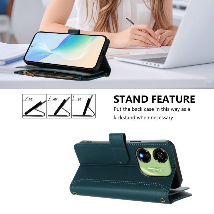 For itel P55 5G Magnetic Closure 9 Card Slots Zipper Leather Case with Hand Strap