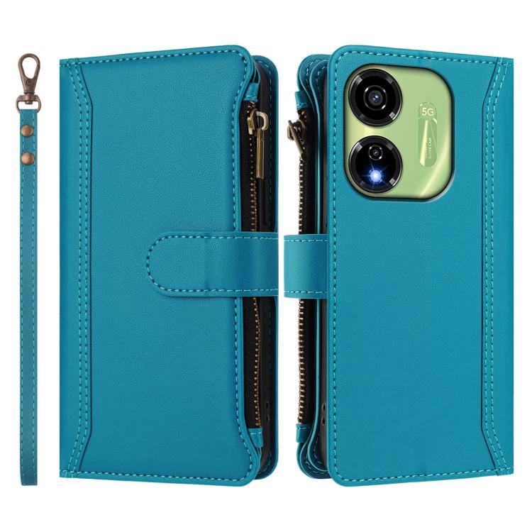 For itel P55 5G Magnetic Closure 9 Card Slots Zipper Leather Case with Hand Strap