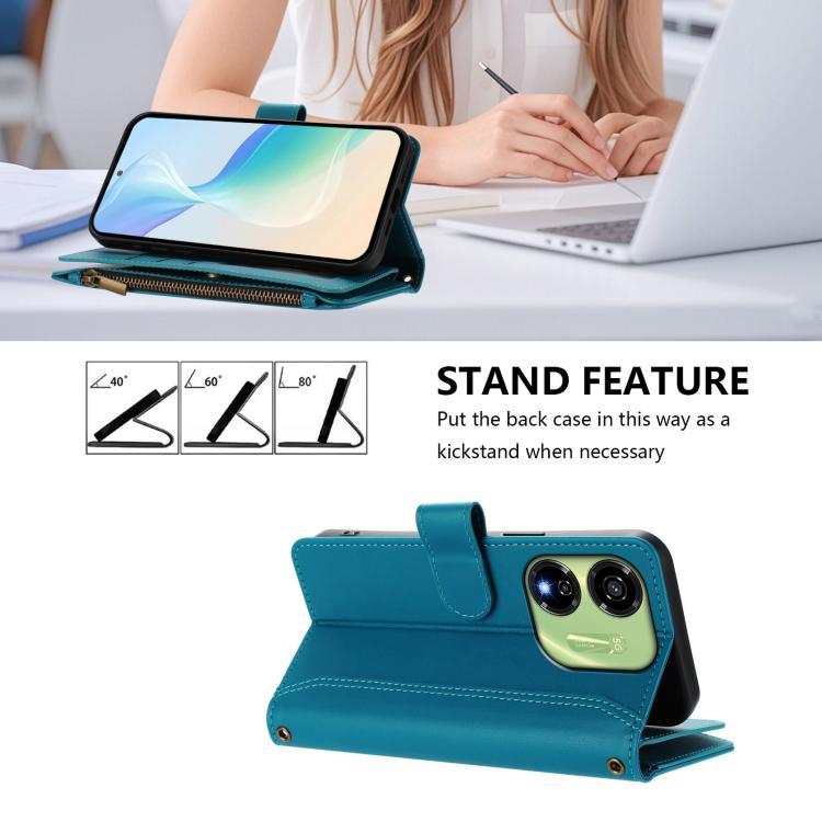 For itel P55 5G Magnetic Closure 9 Card Slots Zipper Leather Case with Hand Strap