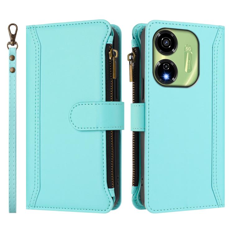 For itel P55 5G Magnetic Closure 9 Card Slots Zipper Leather Case with Hand Strap