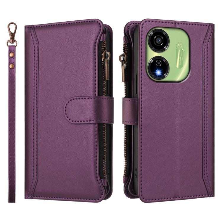 For itel P55 5G Magnetic Closure 9 Card Slots Zipper Leather Case with Hand Strap