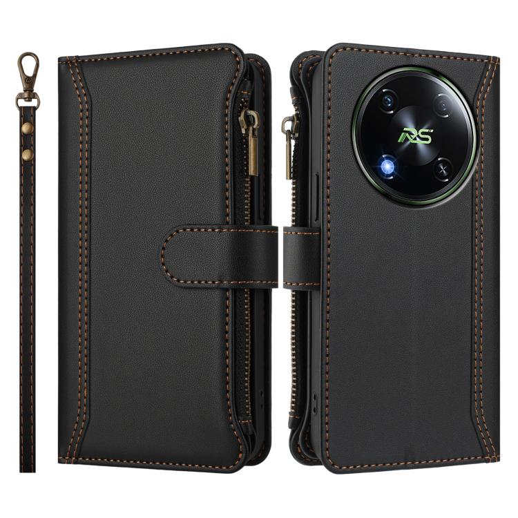 For itel RS4 Magnetic Closure 9 Card Slots Zipper Leather Case with Hand Strap