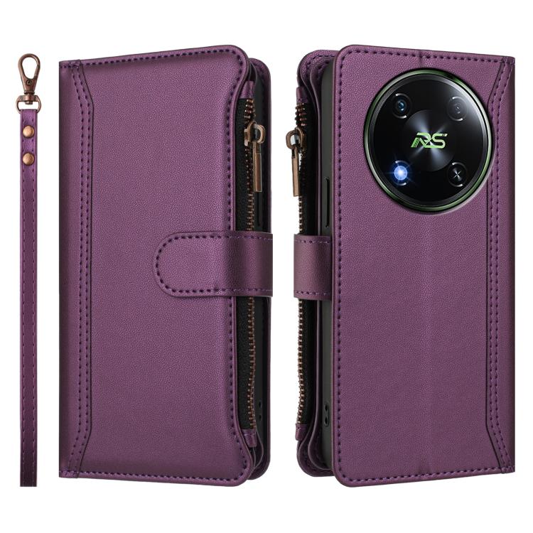 For itel RS4 Magnetic Closure 9 Card Slots Zipper Leather Case with Hand Strap