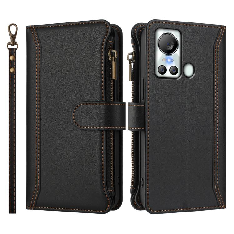 For itel S18 / Vision 5 Magnetic Closure 9 Card Slots Zipper Leather Case with Hand Strap