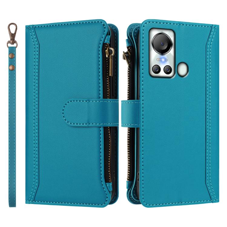 For itel S18 / Vision 5 Magnetic Closure 9 Card Slots Zipper Leather Case with Hand Strap