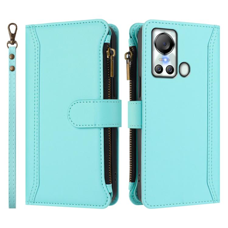 For itel S18 / Vision 5 Magnetic Closure 9 Card Slots Zipper Leather Case with Hand Strap