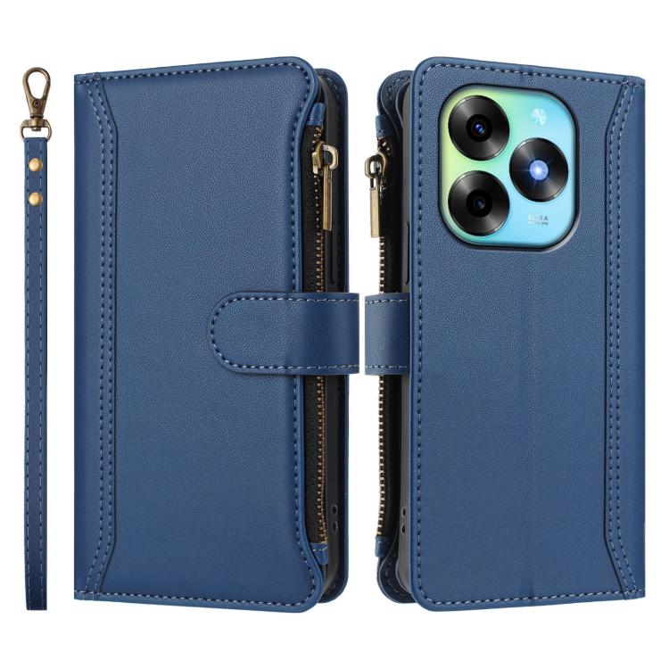 For itel S23+ Magnetic Closure 9 Card Slots Zipper Leather Case with Hand Strap