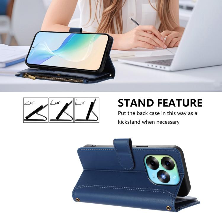 For itel S23+ Magnetic Closure 9 Card Slots Zipper Leather Case with Hand Strap