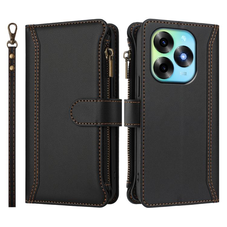 For itel S23+ Magnetic Closure 9 Card Slots Zipper Leather Case with Hand Strap
