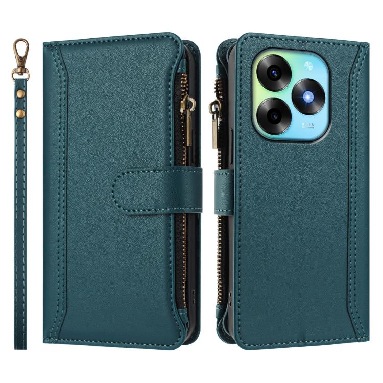 For itel S23+ Magnetic Closure 9 Card Slots Zipper Leather Case with Hand Strap