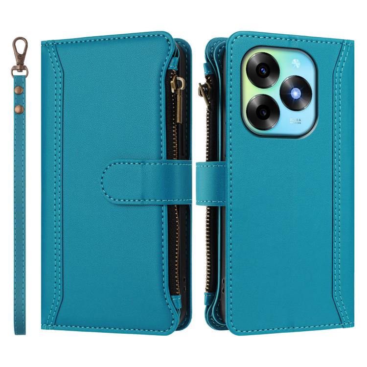 For itel S23+ Magnetic Closure 9 Card Slots Zipper Leather Case with Hand Strap