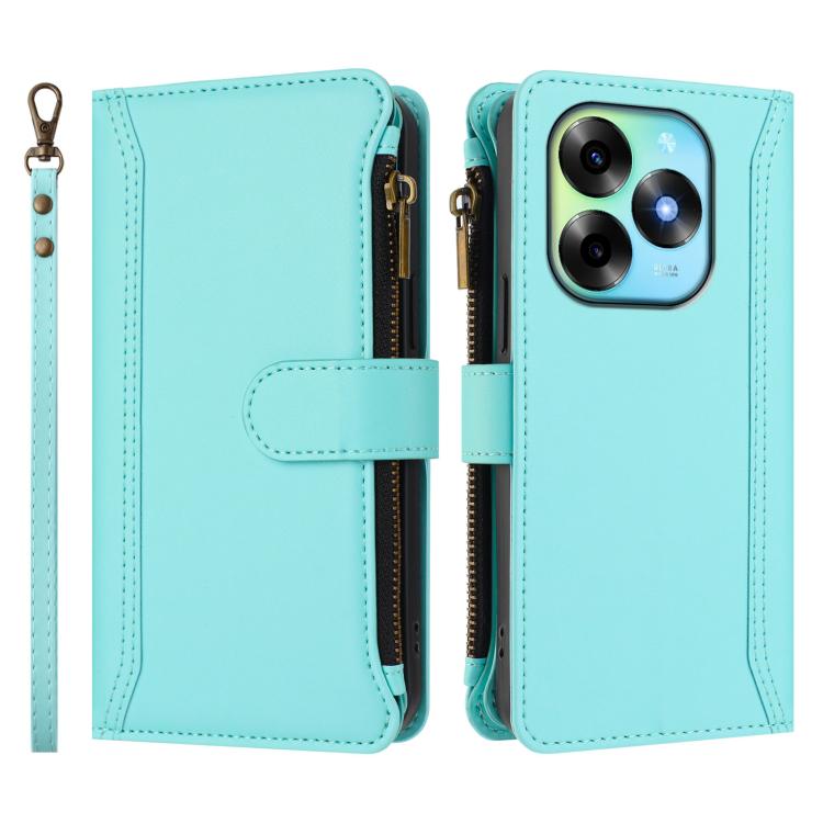 For itel S23+ Magnetic Closure 9 Card Slots Zipper Leather Case with Hand Strap