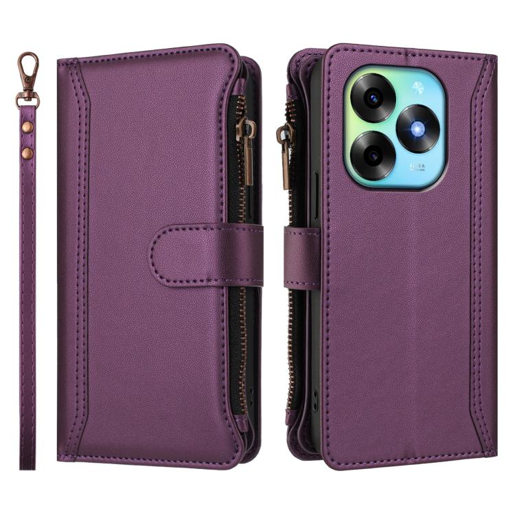 For itel S23+ Magnetic Closure 9 Card Slots Zipper Leather Case with Hand Strap