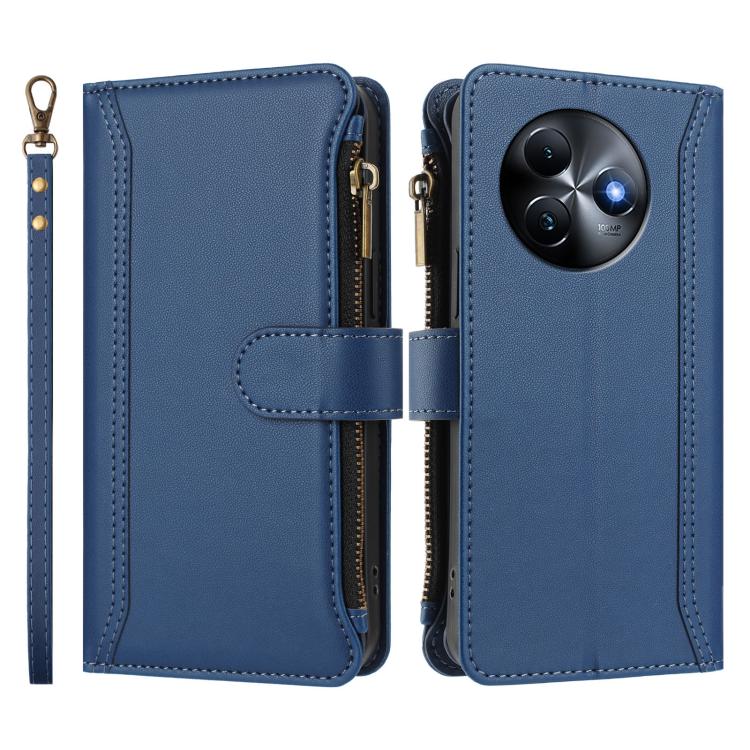 For itel S24 Magnetic Closure 9 Card Slots Zipper Leather Case with Hand Strap