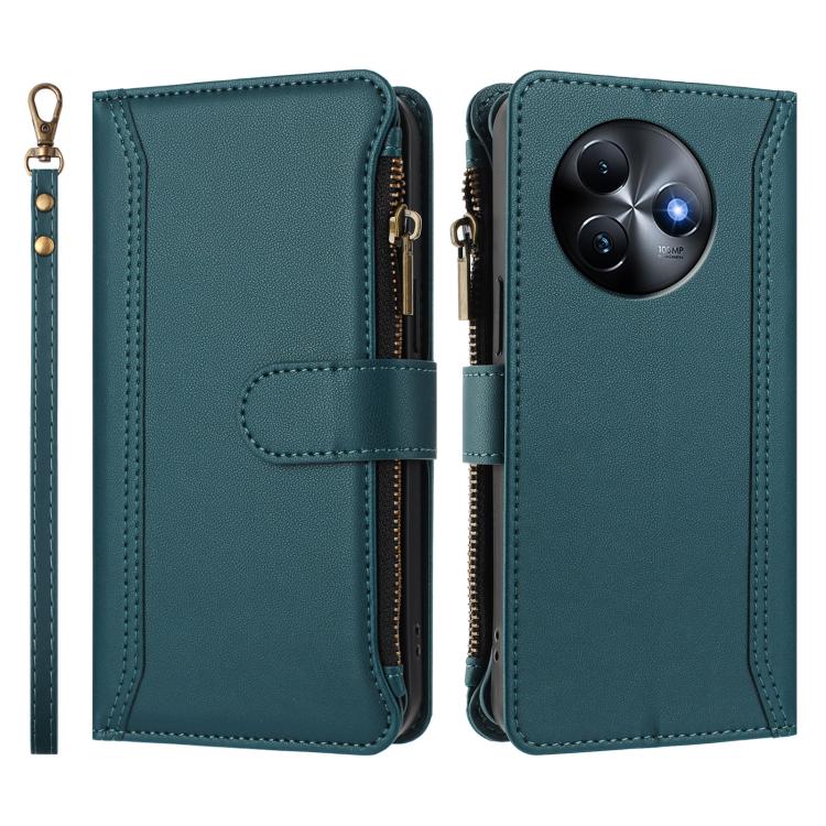 For itel S24 Magnetic Closure 9 Card Slots Zipper Leather Case with Hand Strap