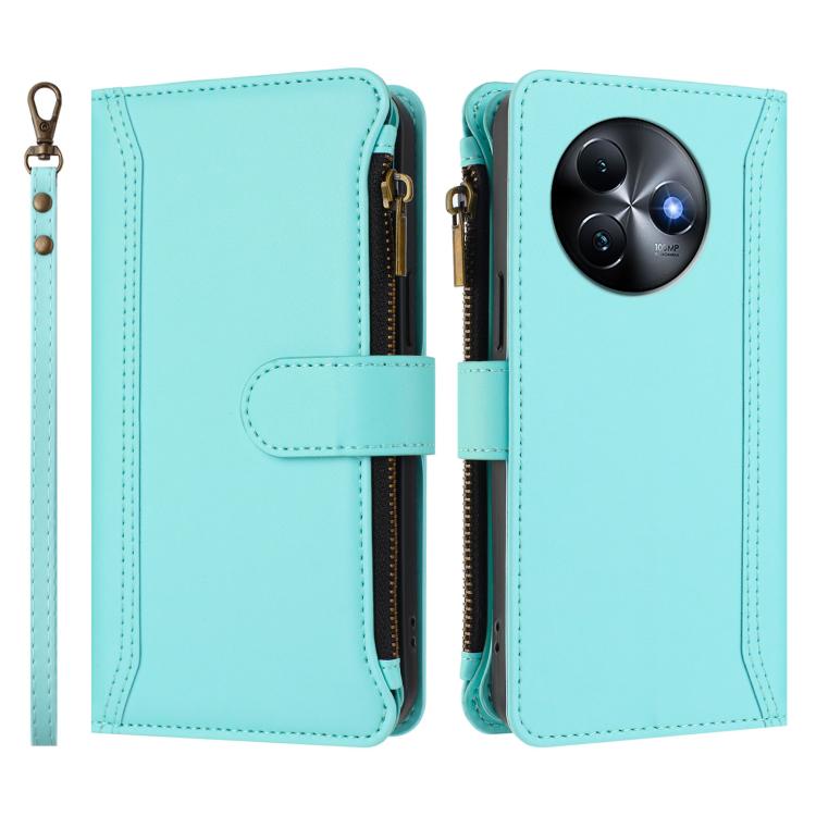 For itel S24 Magnetic Closure 9 Card Slots Zipper Leather Case with Hand Strap