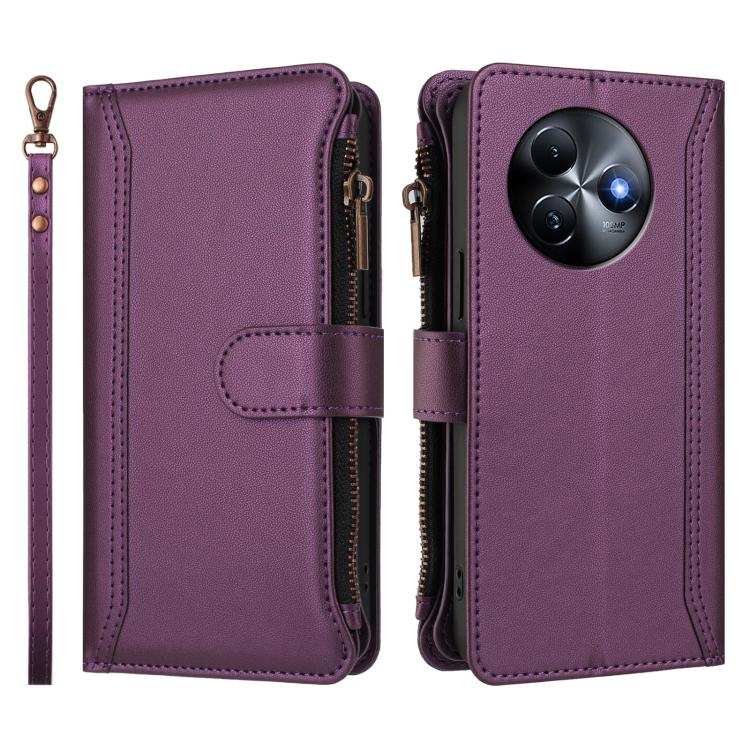For itel S24 Magnetic Closure 9 Card Slots Zipper Leather Case with Hand Strap