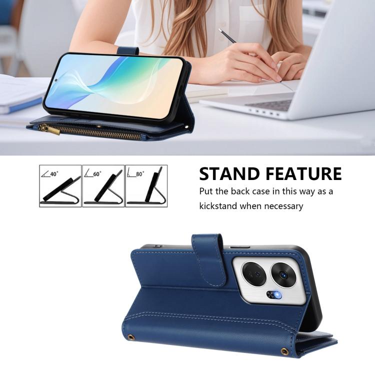 For itel P55+ Magnetic Closure 9 Card Slots Zipper Leather Case with Hand Strap