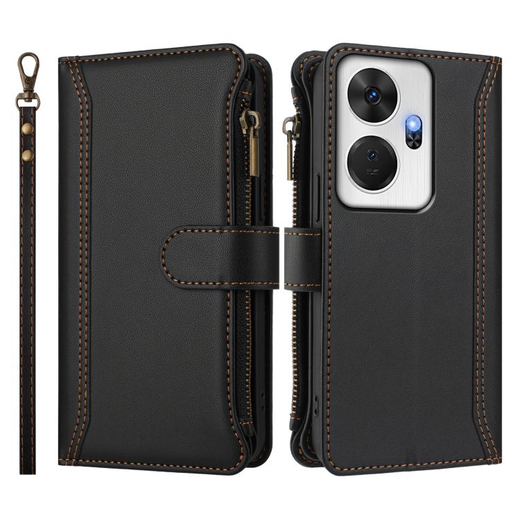 For itel P55+ Magnetic Closure 9 Card Slots Zipper Leather Case with Hand Strap
