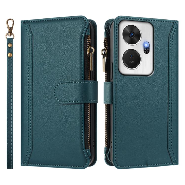 For itel P55+ Magnetic Closure 9 Card Slots Zipper Leather Case with Hand Strap