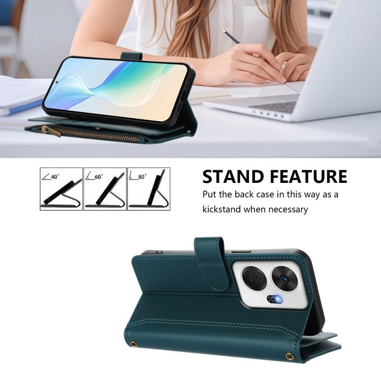 For itel P55+ Magnetic Closure 9 Card Slots Zipper Leather Case with Hand Strap