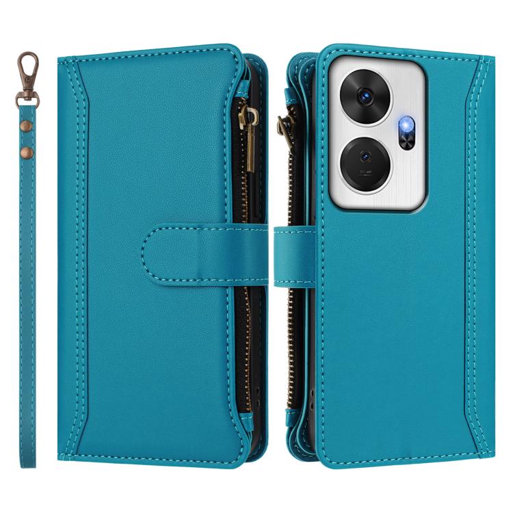 For itel P55+ Magnetic Closure 9 Card Slots Zipper Leather Case with Hand Strap