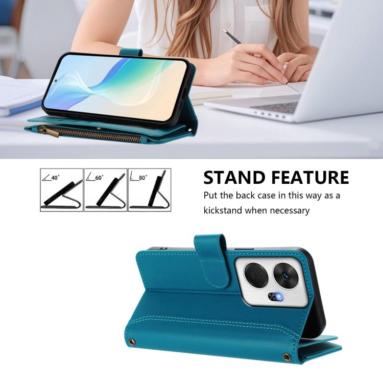 For itel P55+ Magnetic Closure 9 Card Slots Zipper Leather Case with Hand Strap