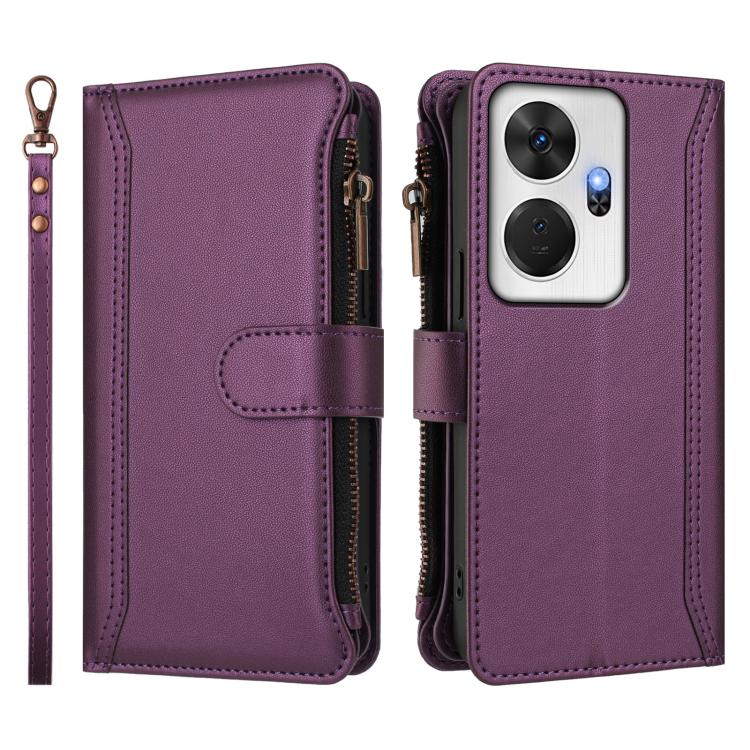 For itel P55+ Magnetic Closure 9 Card Slots Zipper Leather Case with Hand Strap