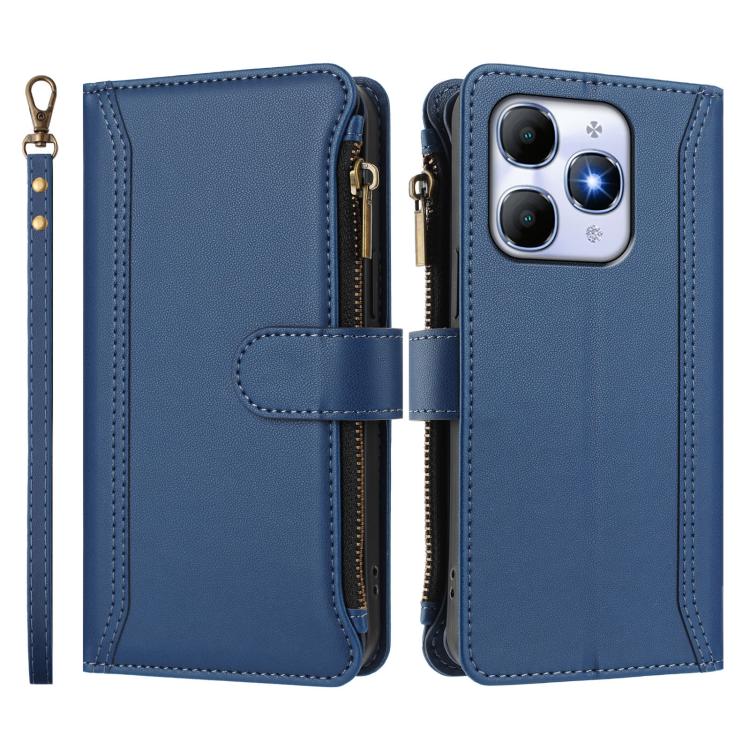 For itel A90 4G Magnetic Closure 9 Card Slots Zipper Leather Case with Hand Strap