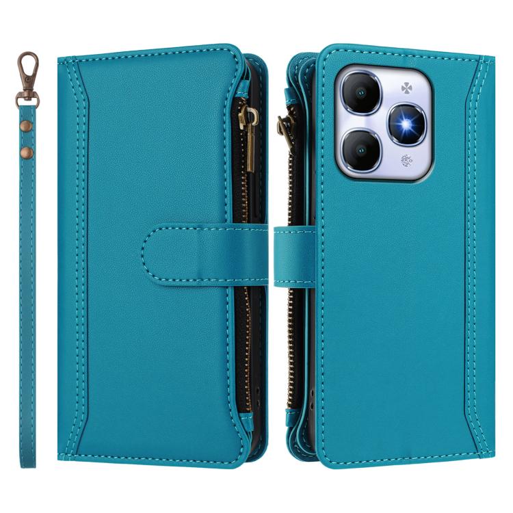 For itel A90 4G Magnetic Closure 9 Card Slots Zipper Leather Case with Hand Strap