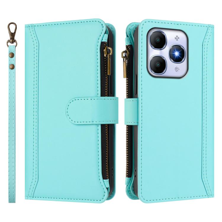For itel A90 4G Magnetic Closure 9 Card Slots Zipper Leather Case with Hand Strap