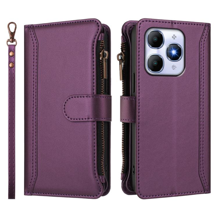 For itel A90 4G Magnetic Closure 9 Card Slots Zipper Leather Case with Hand Strap