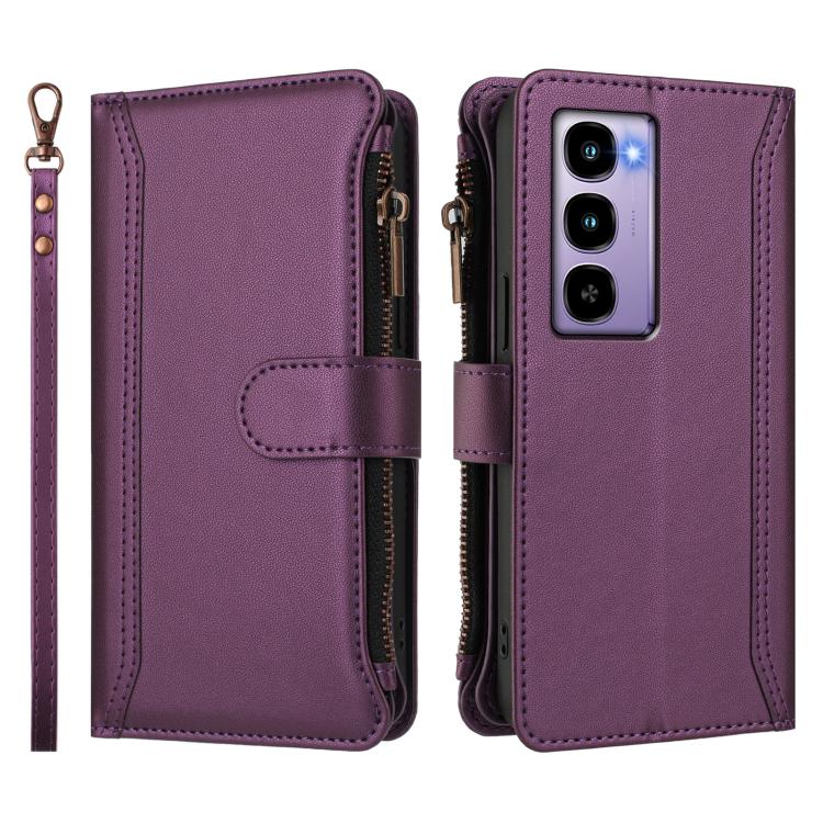 For itel City 100 Magnetic Closure 9 Card Slots Zipper Leather Case with Hand Strap