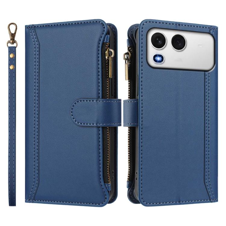 For itel A200 4G/A200+ 4G Global Magnetic Closure 9 Card Slots Zipper Leather Case with Hand Strap
