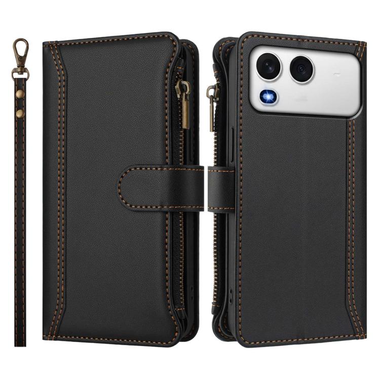For itel A200 4G/A200+ 4G Global Magnetic Closure 9 Card Slots Zipper Leather Case with Hand Strap