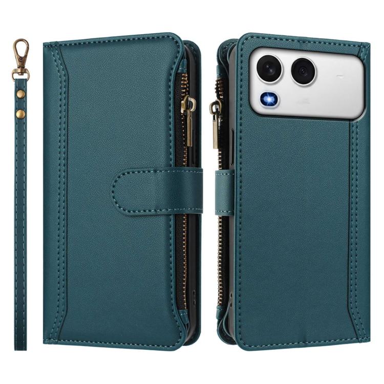 For itel A200 4G/A200+ 4G Global Magnetic Closure 9 Card Slots Zipper Leather Case with Hand Strap