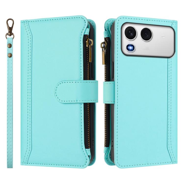 For itel A200 4G/A200+ 4G Global Magnetic Closure 9 Card Slots Zipper Leather Case with Hand Strap
