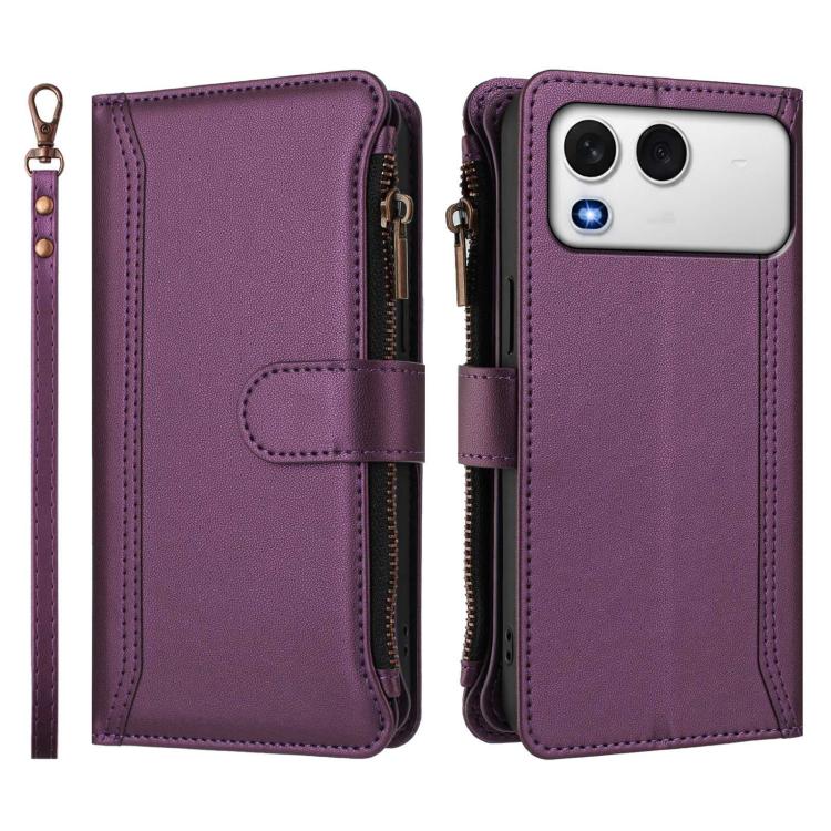 For itel A200 4G/A200+ 4G Global Magnetic Closure 9 Card Slots Zipper Leather Case with Hand Strap