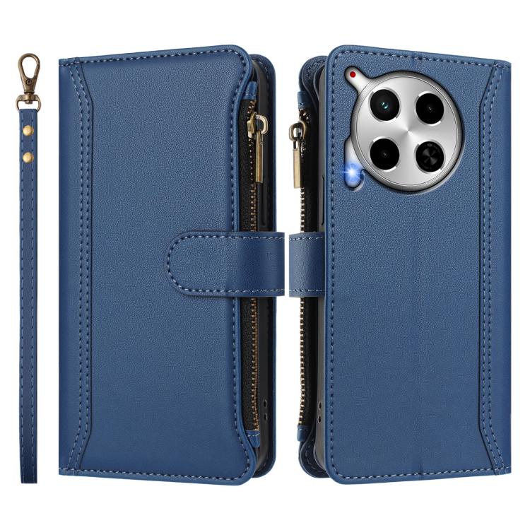 For Tecno Camon 30 4G / 5G Magnetic Closure 9 Card Slots Zipper Leather Case with Hand Strap