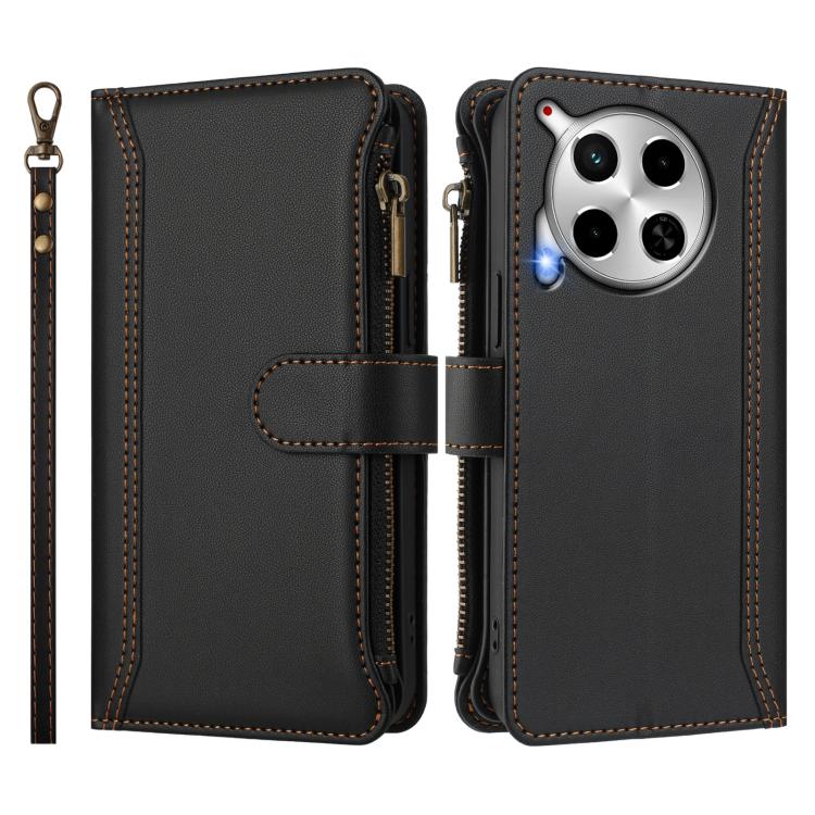 For Tecno Camon 30 4G / 5G Magnetic Closure 9 Card Slots Zipper Leather Case with Hand Strap