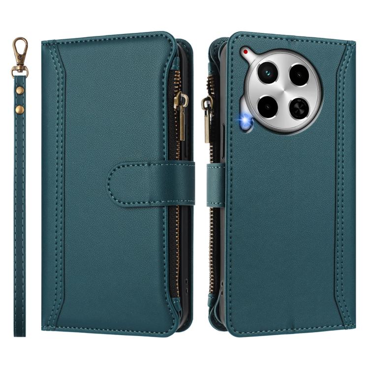 For Tecno Camon 30 4G / 5G Magnetic Closure 9 Card Slots Zipper Leather Case with Hand Strap