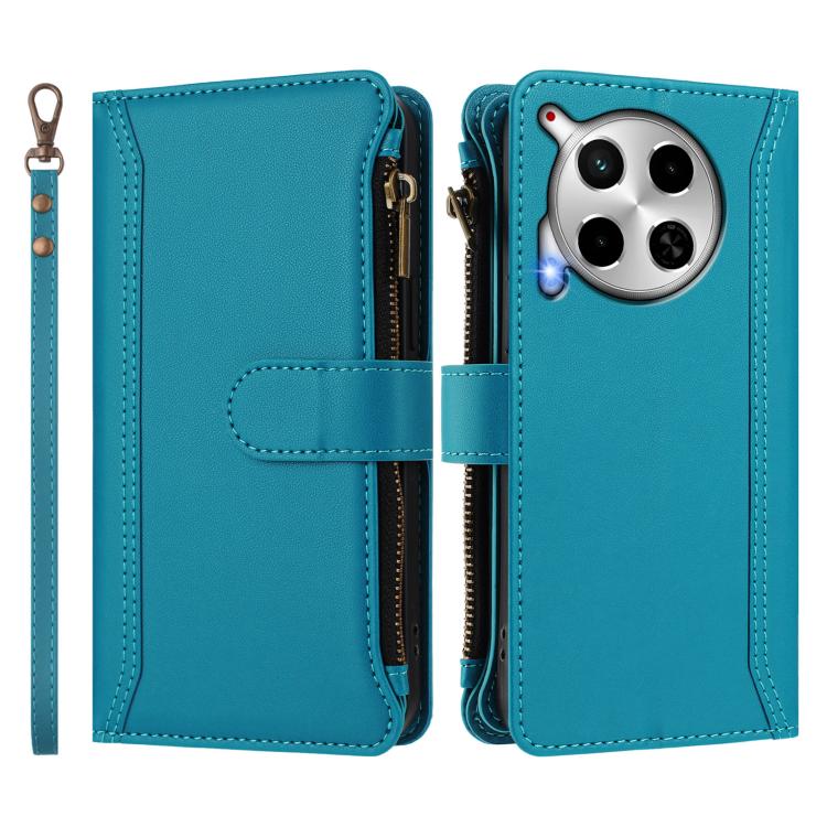 For Tecno Camon 30 4G / 5G Magnetic Closure 9 Card Slots Zipper Leather Case with Hand Strap