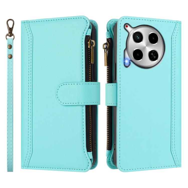 For Tecno Camon 30 4G / 5G Magnetic Closure 9 Card Slots Zipper Leather Case with Hand Strap