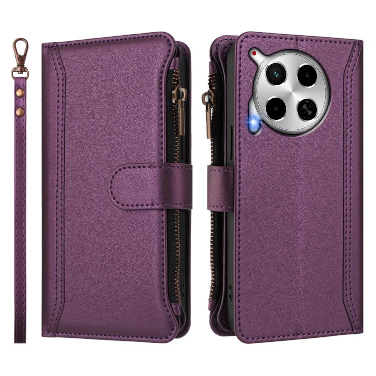 For Tecno Camon 30 4G / 5G Magnetic Closure 9 Card Slots Zipper Leather Case with Hand Strap