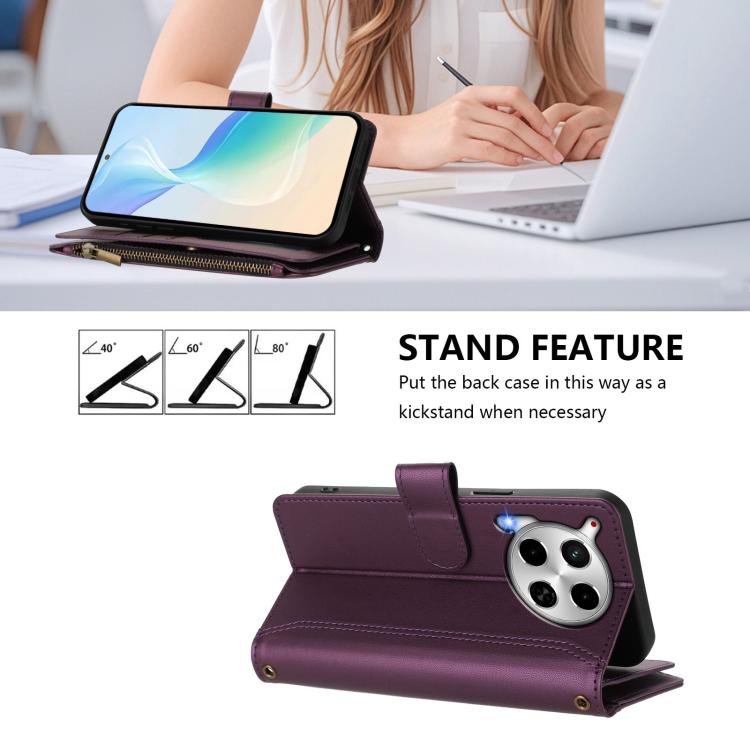 For Tecno Camon 30 4G / 5G Magnetic Closure 9 Card Slots Zipper Leather Case with Hand Strap