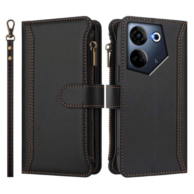 For Tecno Camon 20 4G / 20 Pro 4G Magnetic Closure 9 Card Slots Zipper Leather Case with Hand Strap