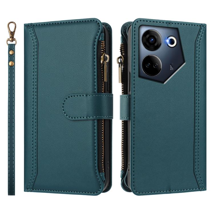 For Tecno Camon 20 4G / 20 Pro 4G Magnetic Closure 9 Card Slots Zipper Leather Case with Hand Strap